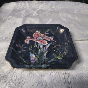 Hand-Painted Floral Decorative Platter - Navy Background with Pink Iris